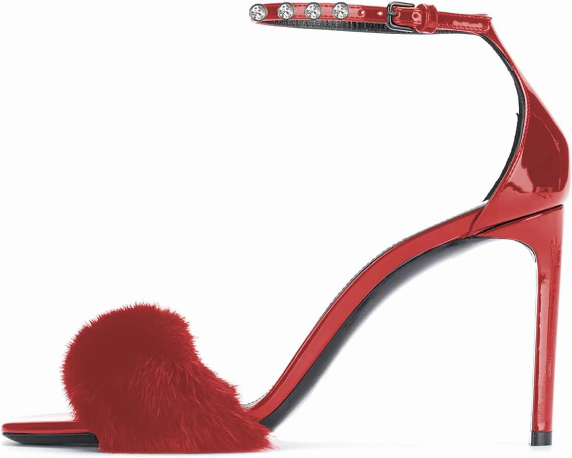 YDN Women Sexy Stiletto High Heel Sandals Open Toe Ankle Strap Feather Wedding Dress Shoes With Rhinestone