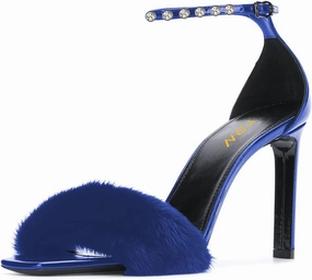 YDN Women Sexy Stiletto High Heel Sandals Open Toe Ankle Strap Feather Wedding Dress Shoes With Rhinestone