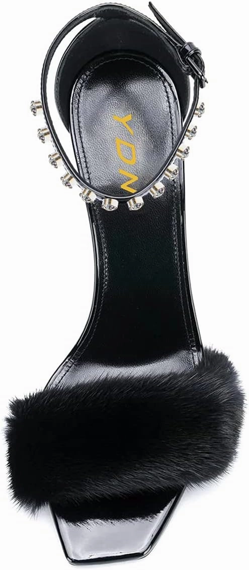 YDN Women Sexy Stiletto High Heel Sandals Open Toe Ankle Strap Feather Wedding Dress Shoes With Rhinestone