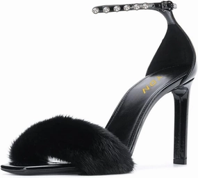 YDN Women Sexy Stiletto High Heel Sandals Open Toe Ankle Strap Feather Wedding Dress Shoes With Rhinestone