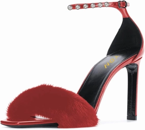 YDN Women Sexy Stiletto High Heel Sandals Open Toe Ankle Strap Feather Wedding Dress Shoes With Rhinestone