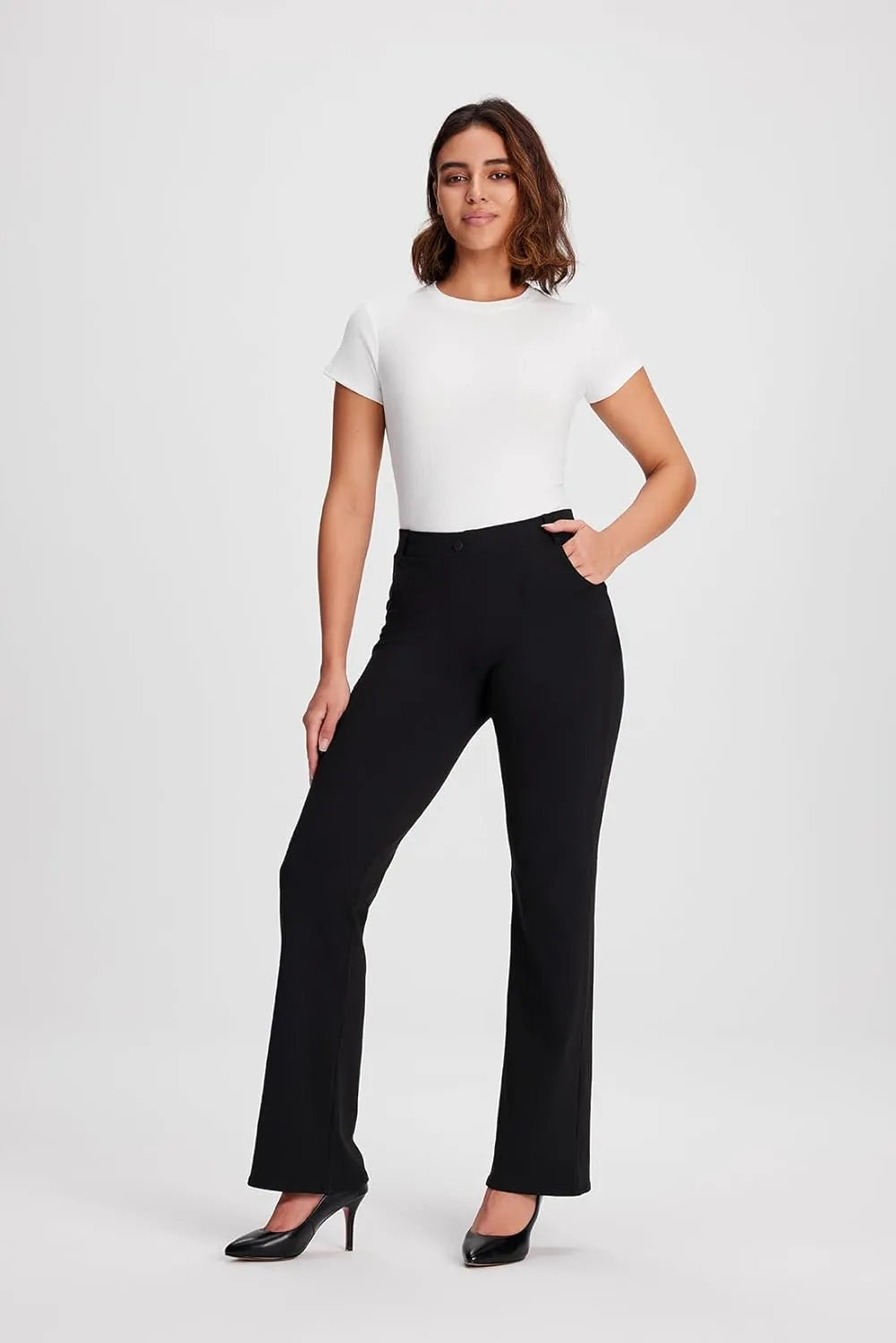 Yogipace,4 Pockets/Belt Loops,Women's Petite/Regular/Tall Classic Bootcut Yoga Dress Pants Pull On Stretchy Flare Work Slacks