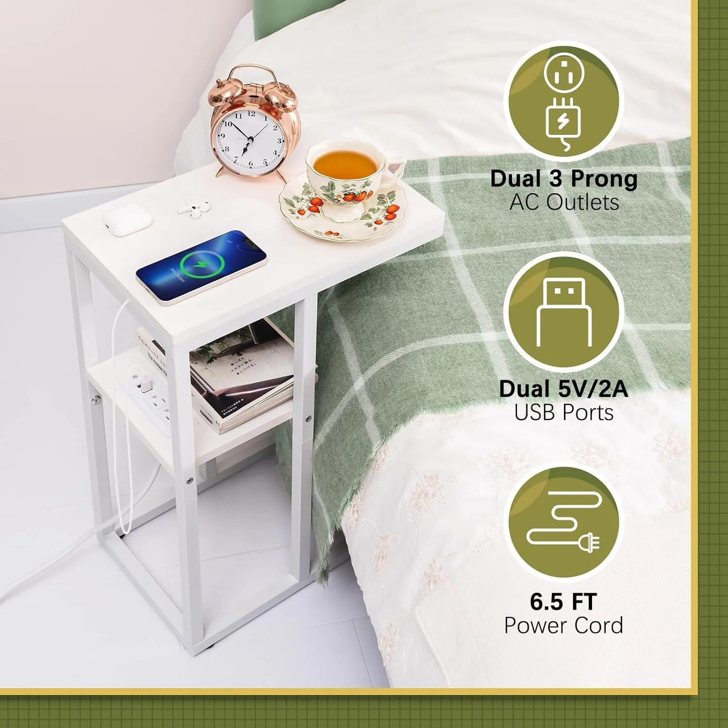 Yoobure LED C Shaped End Table with Charging Station, Small Side Tables for Living Room Bedroom, TV Tray Table with USB Ports and Outlets for Small Spaces, C Table for Couch Sofa, Bed Side Table