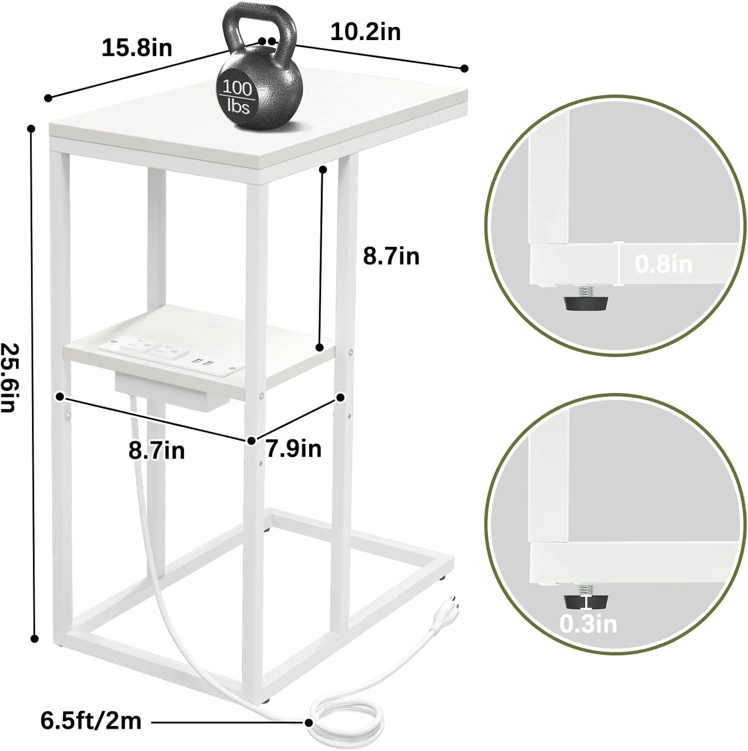 Yoobure LED C Shaped End Table with Charging Station, Small Side Tables for Living Room Bedroom, TV Tray Table with USB Ports and Outlets for Small Spaces, C Table for Couch Sofa, Bed Side Table