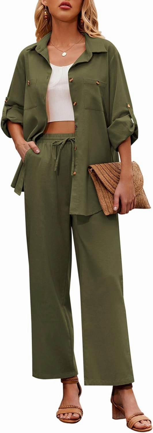 Zeagoo Women 2 Piece Linen Sets 2023 Button Down Shirt and Drawstring Long Pants Set Summer Outfits