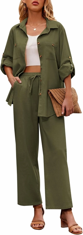Zeagoo Women 2 Piece Linen Sets 2023 Button Down Shirt and Drawstring Long Pants Set Summer Outfits