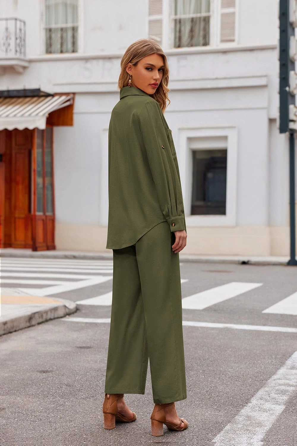 Zeagoo Women 2 Piece Linen Sets 2023 Button Down Shirt and Drawstring Long Pants Set Summer Outfits