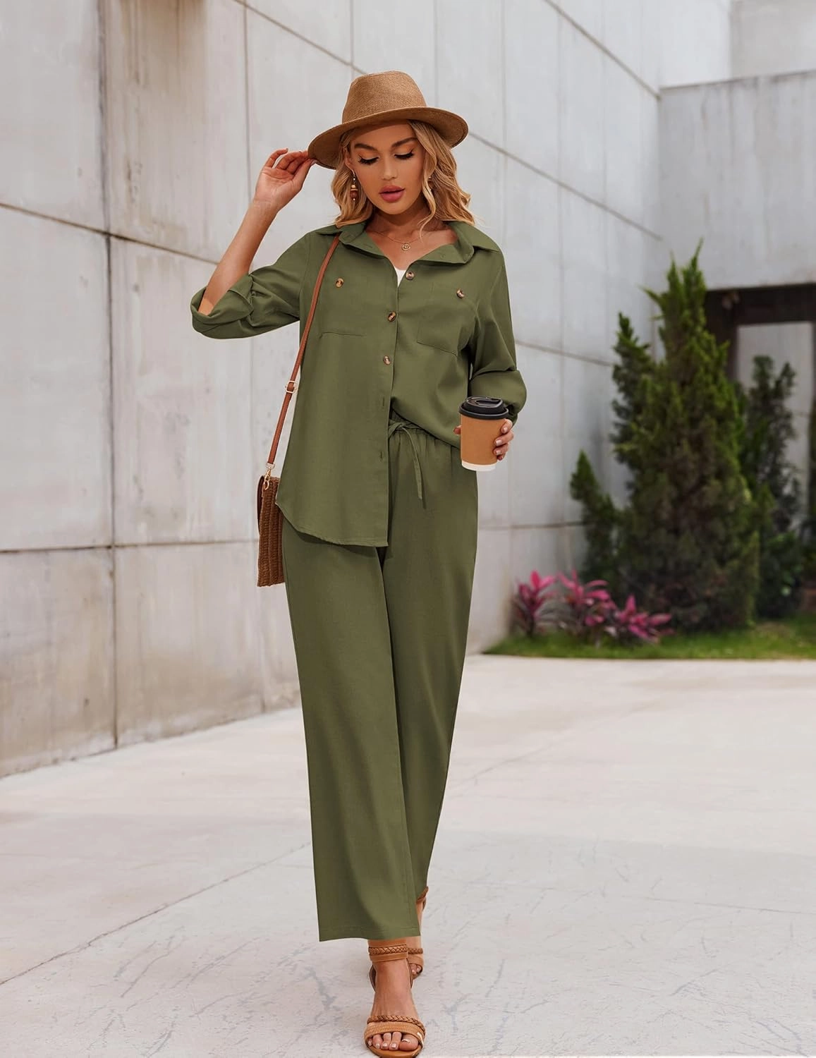 Zeagoo Women 2 Piece Linen Sets 2023 Button Down Shirt and Drawstring Long Pants Set Summer Outfits