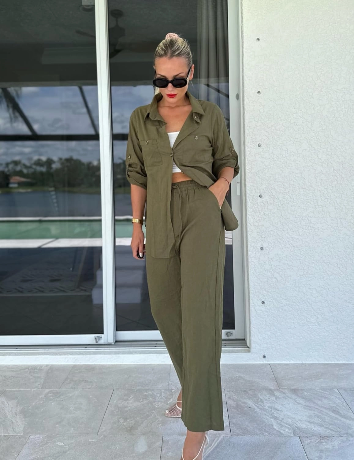 Zeagoo Women 2 Piece Linen Sets 2023 Button Down Shirt and Drawstring Long Pants Set Summer Outfits