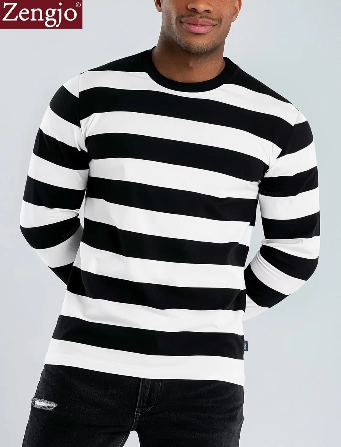 Zengjo Men's Casual Cotton Spandex Striped Crewneck Long-Sleeve T-Shirt Basic Pullover Stripe tee Shirt