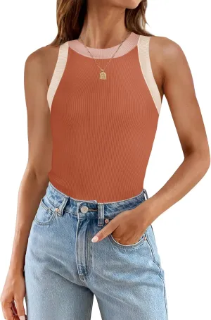 ZESICA Womens Summer Sleeveless Tank Tops Ribbed High Neck Racerback Slim Fitted Color Block Casual Shirts