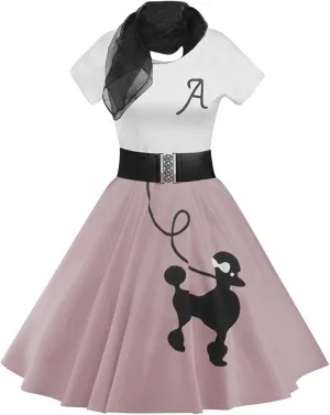 ZEZCLO Women's Retro Poodle Print Skater Dress Vintage High Waist Rockabilly Cocktail Party Swing Dresses