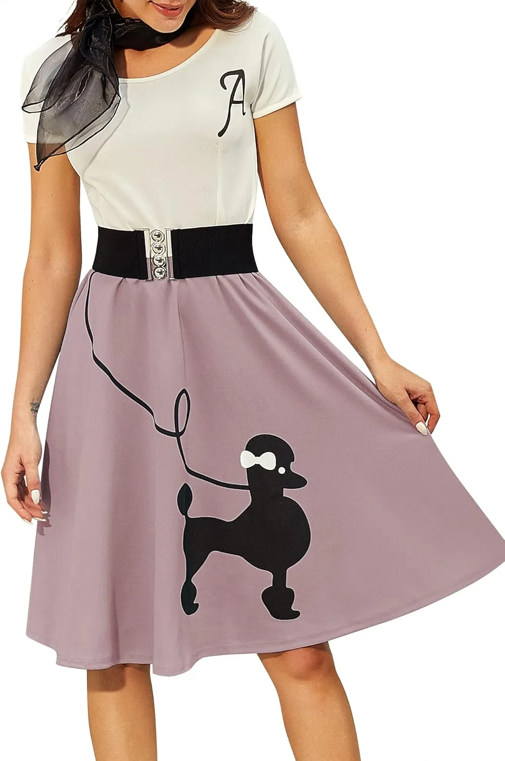 ZEZCLO Women's Retro Poodle Print Skater Dress Vintage High Waist Rockabilly Cocktail Party Swing Dresses