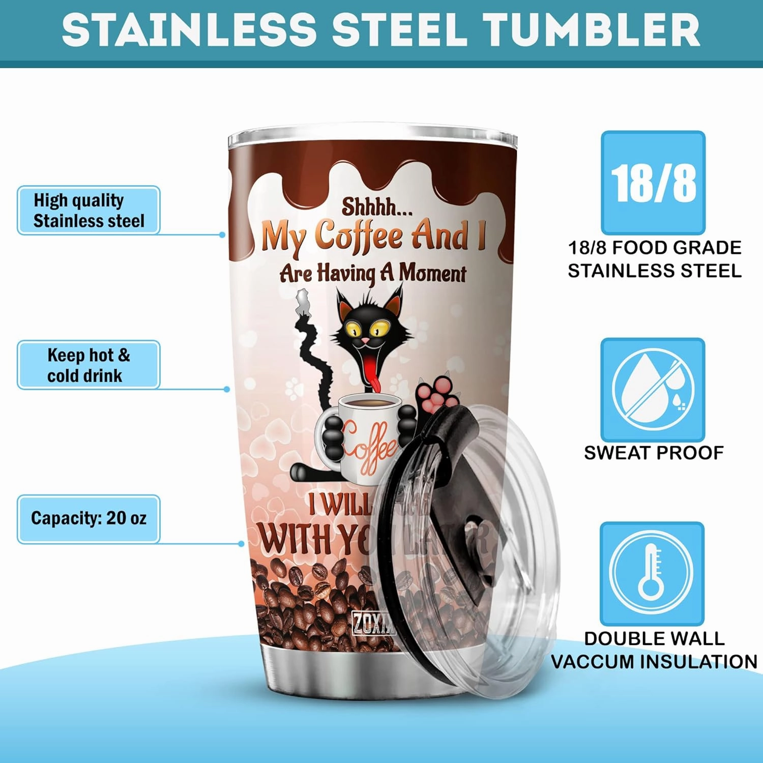 ZOXIX Personalized Tumbler With Name 20 Oz Shh My Coffee And I Are Having A Moment Mug Funny Coffee And Cat Lovers Gifts For Women Birthday Present Cute Animal Insulated Travel Cup