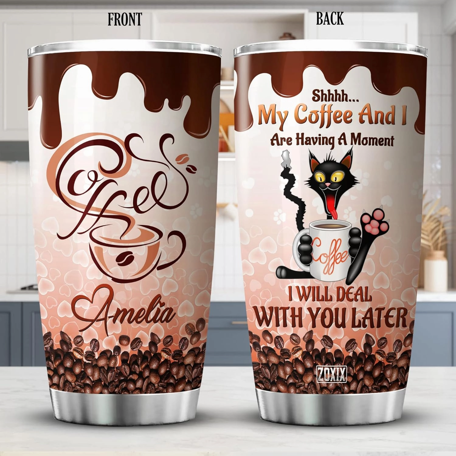 ZOXIX Personalized Tumbler With Name 20 Oz Shh My Coffee And I Are Having A Moment Mug Funny Coffee And Cat Lovers Gifts For Women Birthday Present Cute Animal Insulated Travel Cup