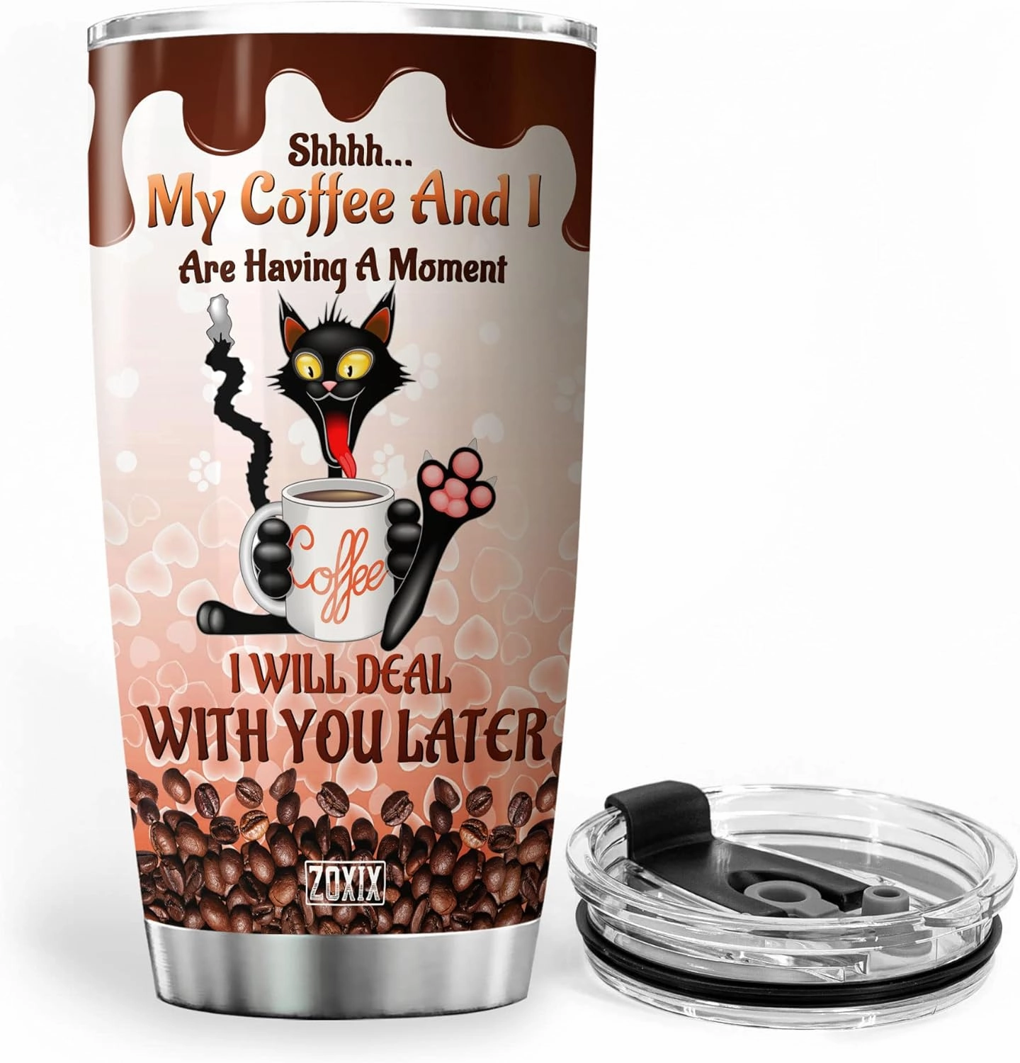 ZOXIX Personalized Tumbler With Name 20 Oz Shh My Coffee And I Are Having A Moment Mug Funny Coffee And Cat Lovers Gifts For Women Birthday Present Cute Animal Insulated Travel Cup