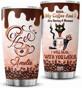 ZOXIX Personalized Tumbler With Name 20 Oz Shh My Coffee And I Are Having A Moment Mug Funny Coffee And Cat Lovers Gifts For Women Birthday Present Cute Animal Insulated Travel Cup