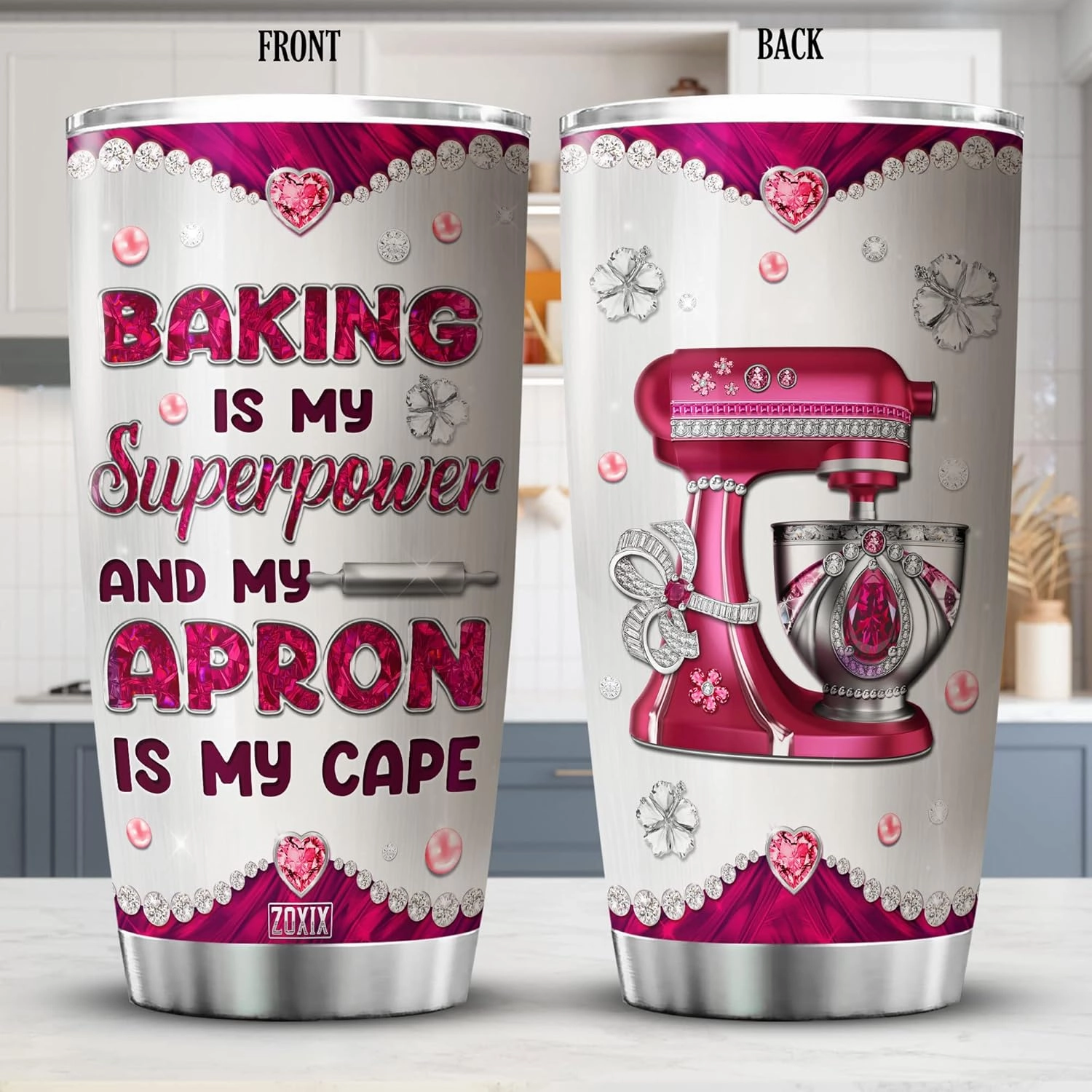 ZOXIX Stainless Steel Tumbler With Lid 20oz Jewelry Style Baking Gifts For Women Who Love To Bake Insulated Travel Cup Large Cute Baker Coffee Mug Pastry Chef Cooking Themed Gift