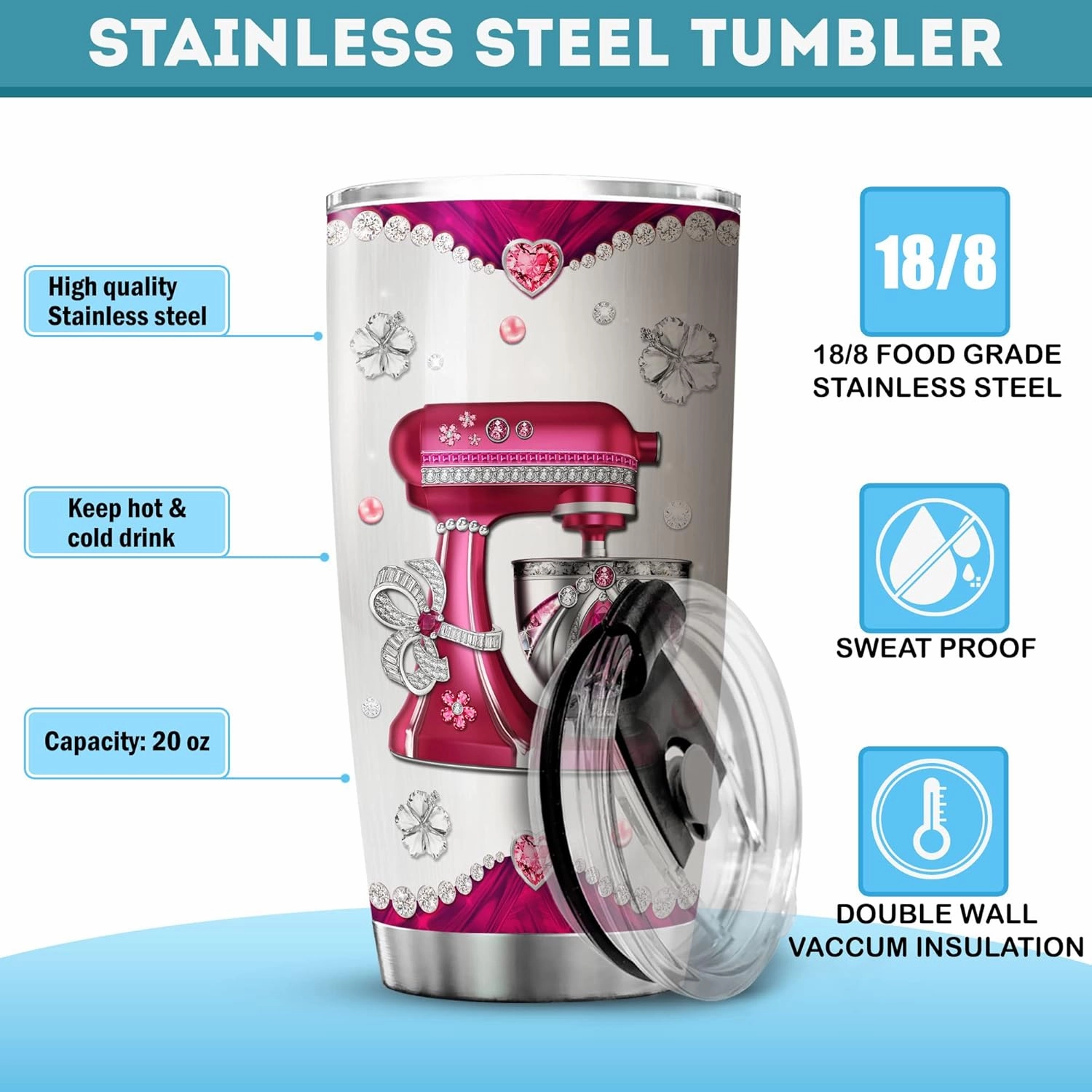 ZOXIX Stainless Steel Tumbler With Lid 20oz Jewelry Style Baking Gifts For Women Who Love To Bake Insulated Travel Cup Large Cute Baker Coffee Mug Pastry Chef Cooking Themed Gift